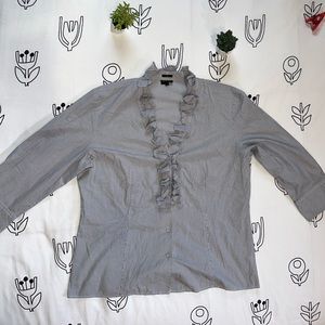 Talbots Gray Stripe Ruffle Button Up